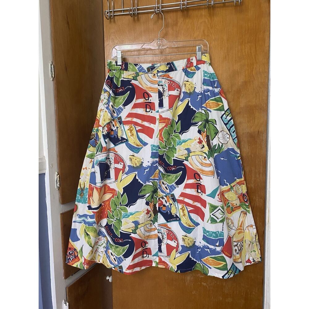 Vintage 90s Does 40s 1940s Beach Hawaii Tropical Novelty Print Midi Skirt Sz L - Picture 4 of 8